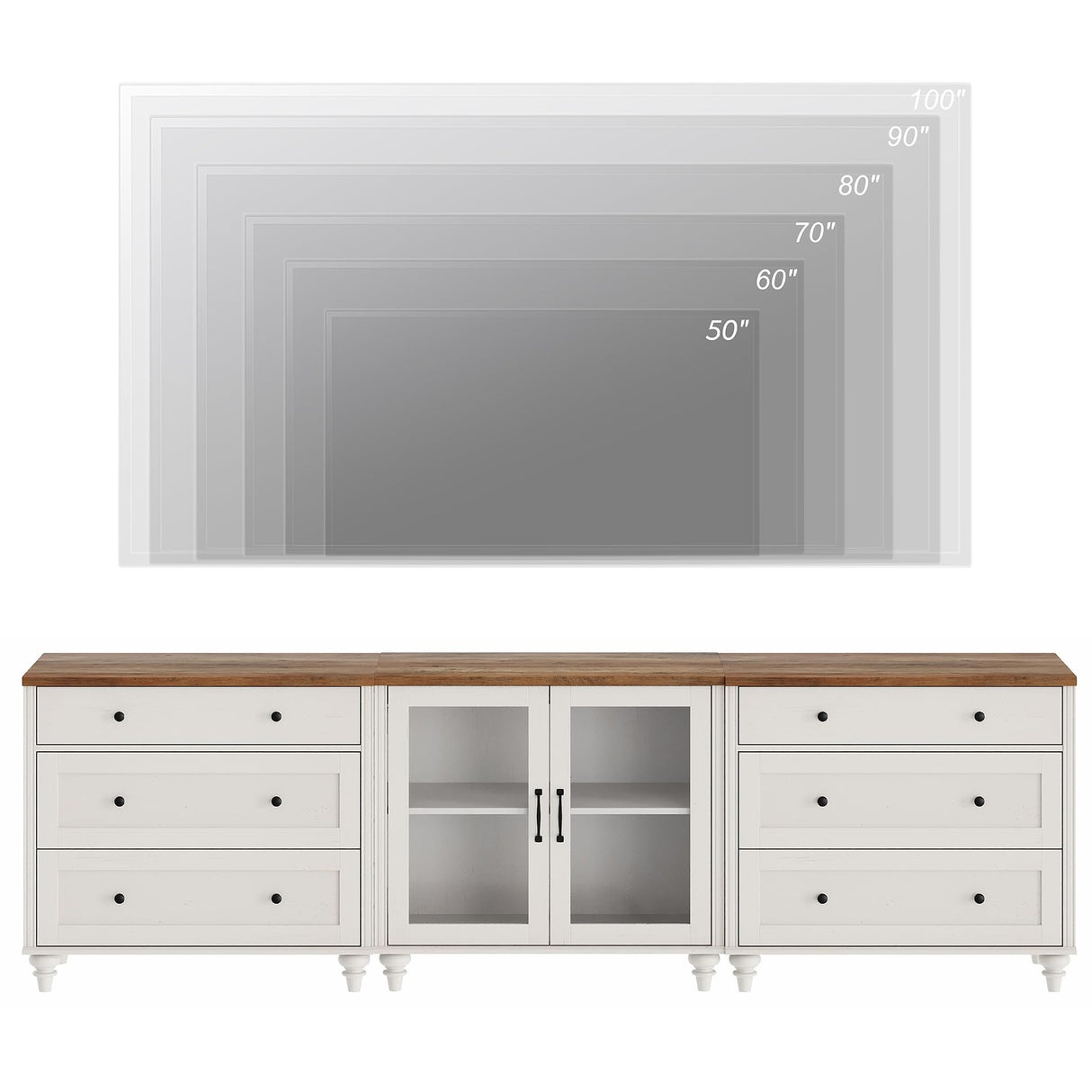 WAMPAT TV Stand for 100 Inch TV, Wood TV Console Table for 75/80/85/90 Inch TV, Entertainment Center with Glass Door & Drawer, Kitchen Sideboard Buffet Cabinet for Dining Room, Off White WAMPAT