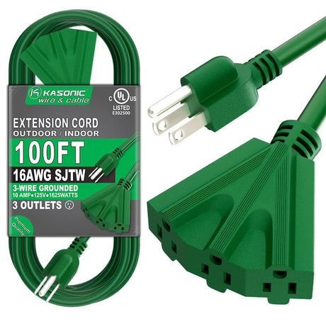 K KASONIC - 100 Ft Extension Cord with 3 Outlets, UL Listed 16/3 SJTW 3-Wire Grounded, 10A 125V 1625W for Indoor/Outdoor Use - Green K KASONIC