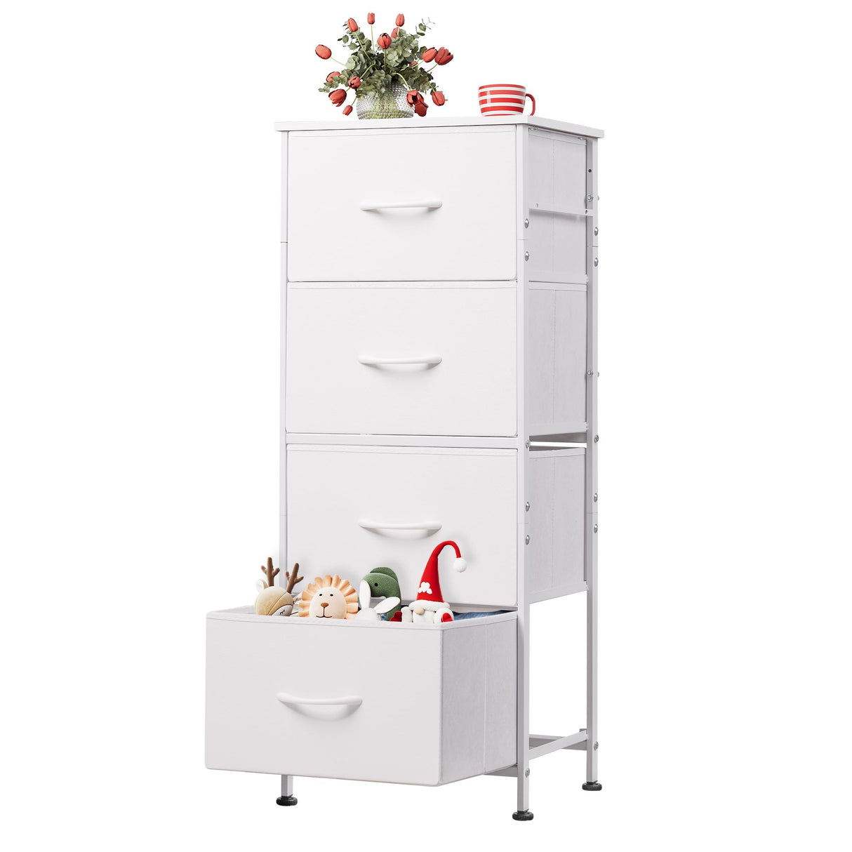 WLIVE Dresser with 4 Drawers, Storage Tower, Organizer Unit, Fabric Dresser for Bedroom, Hallway, Entryway, Closets, Sturdy Steel Frame, Wood Top, Easy Pull Handle, White WLIVE
