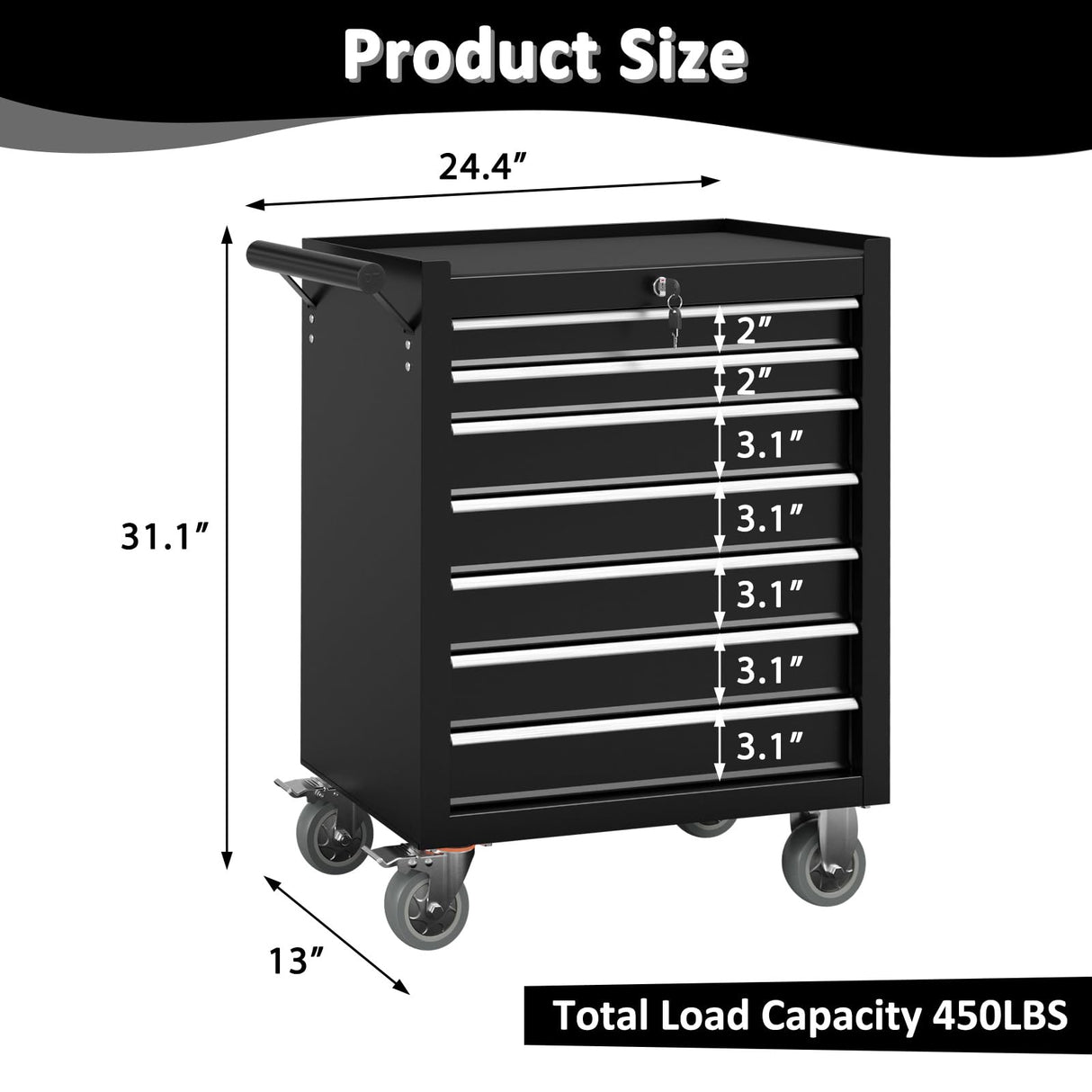 Granper High Capacity 7-Drawer Tool Chest with Wheels, Movable Rolling Tool Chest, Lockable Tool Box with Wheels, Heavy Duty Tool Cabinet for Workshop, Garage, Mechanics and Repair Room (Black) Granper