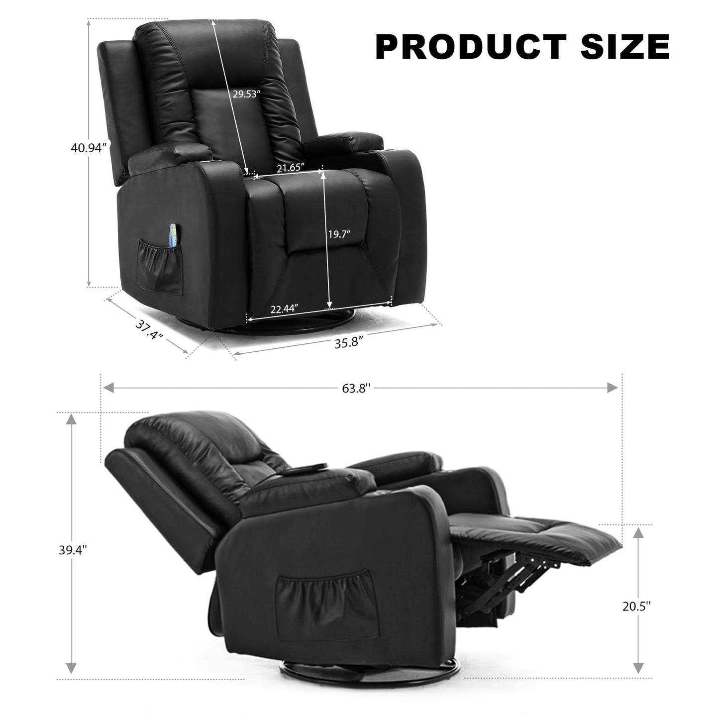 COMHOMA Recliner Chair, PU Rocking Chair for Adults, Swivel Recliner with Cup Holders, Heat and Massage, Single Sofa Seat with Side Pockets for Living Room, Bedroom (Black)