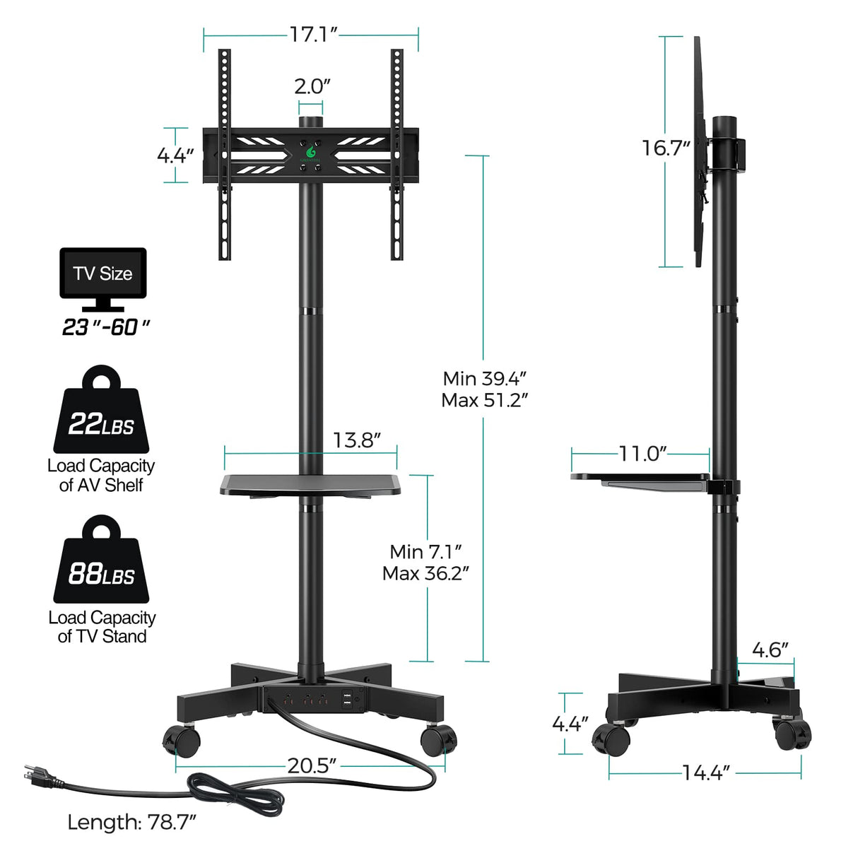 GREENSTELL TV Stand with Power Outlet, Mobile TV Cart on Wheels for 23-60 inch LED LCD Flat Curved Panel Screen TVs, up to 88 lbs, Height Adjustable Rolling TV Stand with AV Shelf, Max VESA 400x400mm GREENSTELL