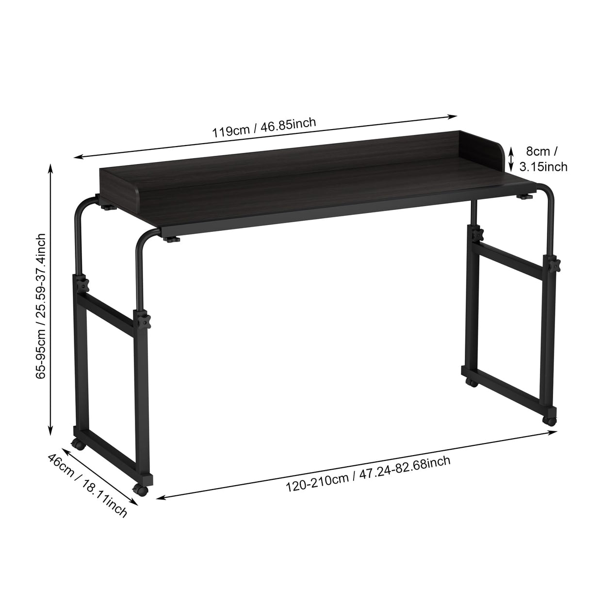 nawoefii Overbed Table, Over Bed Table with Wheels Adjustable Height, Bed Laptop Desk, King Queen Size Over The Bed Table with Wheels, Metal Leg, for Home Office Bedroom Hospital Black Baffle-120x40 nawoefii