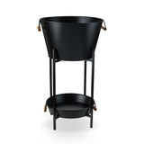 Twine Black Beverage Tub with Collapsible Stand, Large Metal Bucket and Tray, Ice Drink Buckets with Acacia Wood Handles for Parties, 3-Piece Set Twine