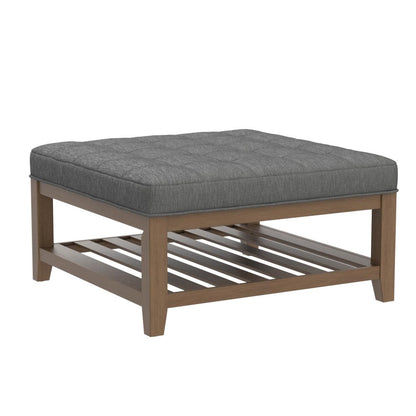 24KF Large Square Upholstered Tufted Linen Ottoman Coffee Table, Large Footrest Ottoman with Solid Wood Shelf-Granite - WoodArtSupply