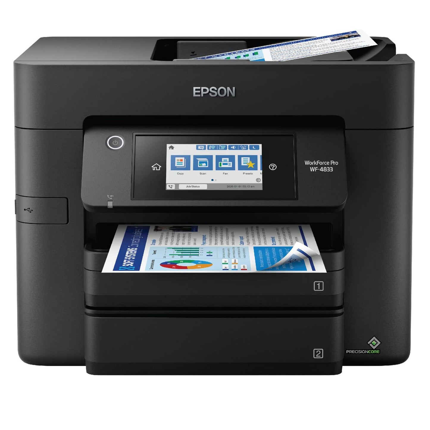 Epson Workforce Pro WF-4833 Wireless All-in-One Color Inkjet Printer, Black - Print Scan Copy Fax - 25 ppm, 4800 x 2400 dpi, 4.3" Touchscreen, Auto 2-Sided Printing, 50-Sheet ADF, 500-Sheet, Ethernet