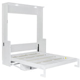 SOFTSEA Queen Size Murphy Bed with Desk, Hideaway Wall Bed with LED Lights and USB Charging Station, Folding Bed Frame for Small Space, Guest Room, Bedroom, Office, White SOFTSEA