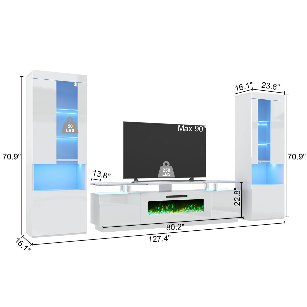 AMERLIFE Entertainment Center with Fireplace and Bookcases, Includes 80" 2-Tier Fireplace TV Stand with 40" Fireplace, 2 x High Gloss Bookshelves with LED Lights & Glass Doors, White AMERLIFE