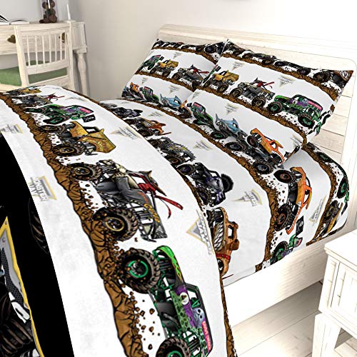 Jay Franco Kids Sheet Set with Fitted, Flat Sheets & Pillow Cover - Ultra-Soft Bedding with Pillowcase for Room Decor, Multi - Monster Jam, 4 Piece Queen Jay Franco