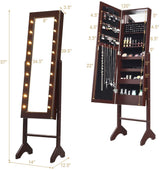 Giantex Standing Jewelry Armoire with 18 LED Lights Around the Door, Large Storage Mirrored Jewelry Cabinet with Full Length Mirror, 16 Lipstick Holders, 1 Inside Makeup Mirror (Brown) Giantex