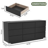 9 Drawer Dresser with Power Outlet,63'' Wide Floating Modern Dresser Chest of Drawers with LED Light,Wooden Dressers TV Stand,Double Wide Dressers Organizer for Bedroom,Living Room,Entryway (Black) Gyfimoie