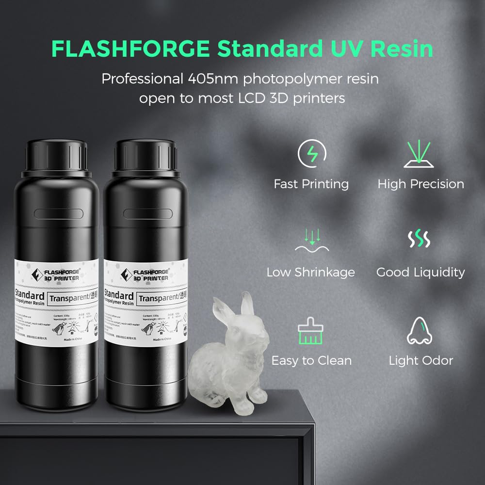 FLASHFORGE Upgrade 3D Printer Resin Clear 500G Fast Curing Standard 3D Resin High Precision & Excellent Fluidity with Low Odor, 405nm UV Curing 3D Printing Resin for Resin 3D Printer, Non-Yellowing