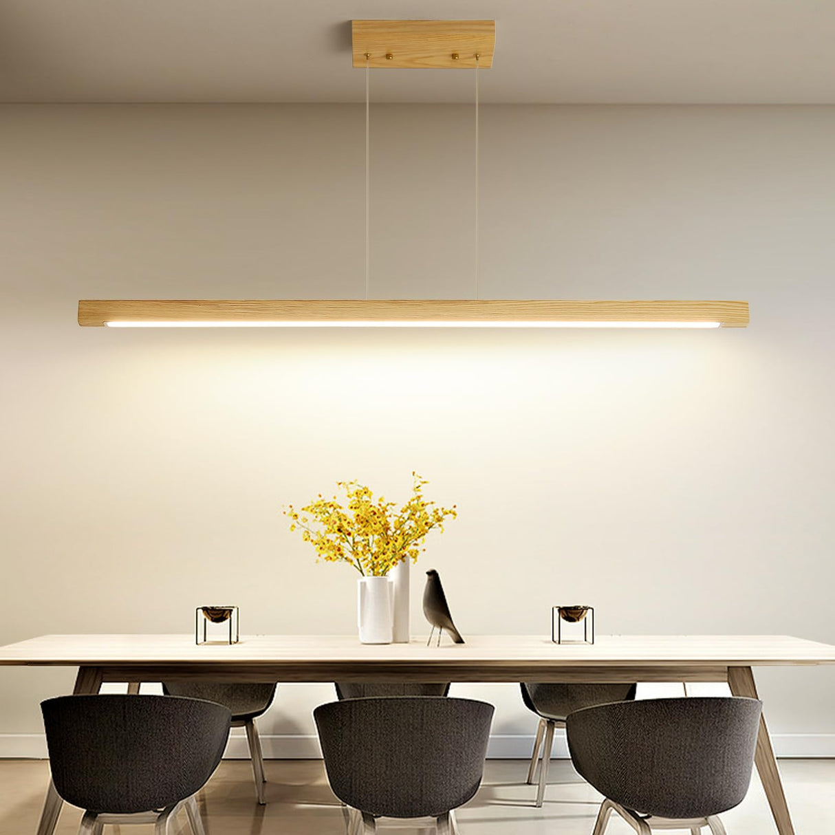 Wooden Linear Pendant Light, 47" Modern Chandeliers for Dining Room, Dimmable Pool Table Island Lights for Kitchen, LED Ceiling Pendant Lamp for Dining Room Billiard Room, Natural Ash Matven