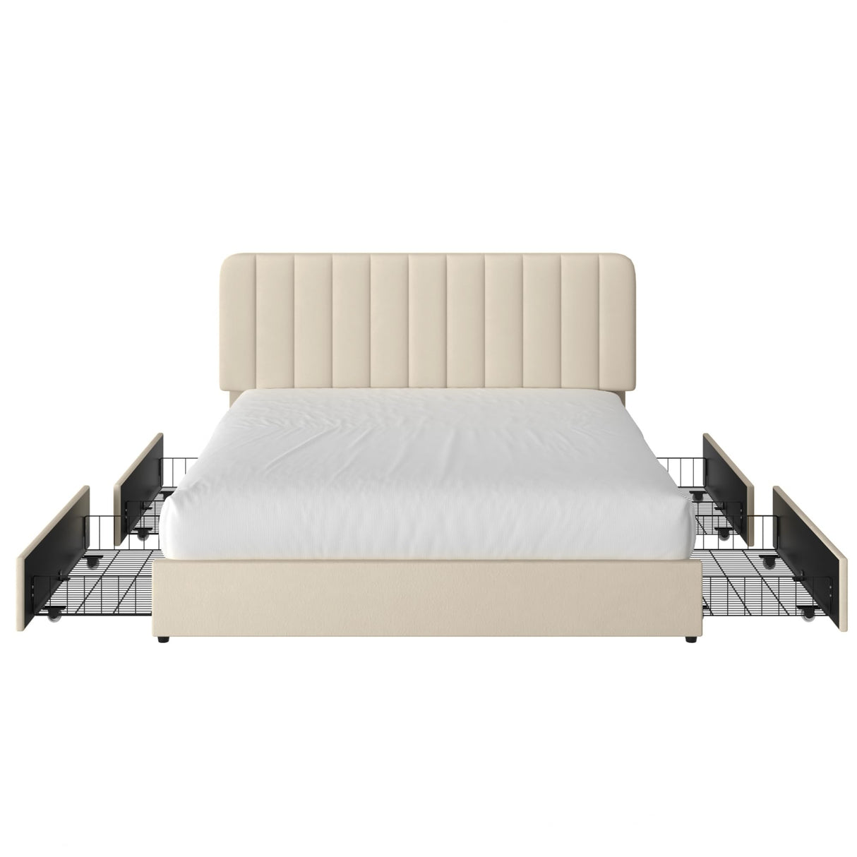 VECELO Queen Size Upholstered Bed Frame with 4 Drawers and Headboard, Velvet Platform Storage Bedframe, Wooden Slats Support, No Box Spring Needed, Beige VECELO