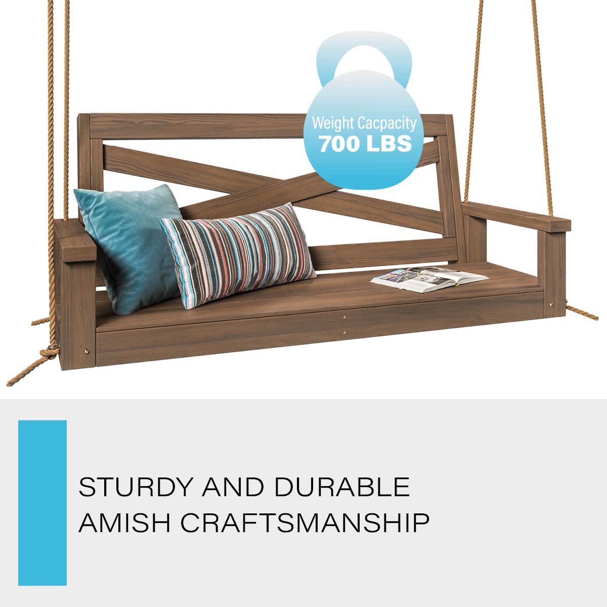 Porchgate Amish Heavy Duty 700 Lb Boardwalk Porch Swing W/Ropes (4 Foot, Warm Walnut Stain) Porchgate