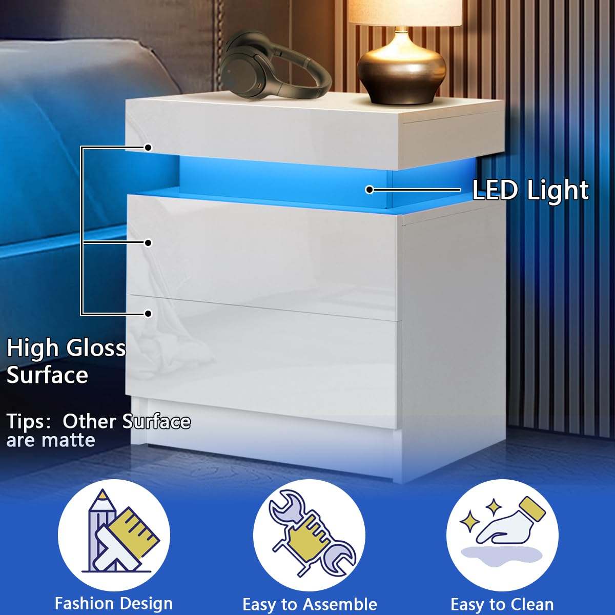 HOMMPA LED Nightstand White Nightstand with Led Lights Modern Night Stand with 2 High Gloss Drawers Led Bedside Table Smart Nightstand for Bedroom 20.5” Tall HOMMPA