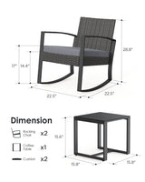 Noelse 3 Piece Wicker Patio Furniture Set, Outdoor Rocking Chairs, Outdoor Furniture with Table & Cushions, Patio Chairs Balcony Porch Furniture, Gray Noelse