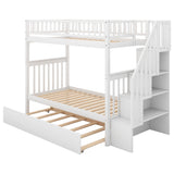 Favfurish Twin-Over-Twin Bunk Bed with Trundle,Guardrail and 4 Storage Shelves,Wood Bunk-Bed W/Planked Panel Headboards & Footboards,Bedroom Furniture for Children,Teens,Adults,White Favfurish