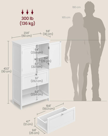 VASAGLE Bathroom Floor Storage Cabinet, Bathroom Storage Unit, Freestanding Cabinet with 2 Drawers and 2 Doors, Adjustable Shelf, 11.8 x 23.6 x 43.3 Inches, White UBBC551P31