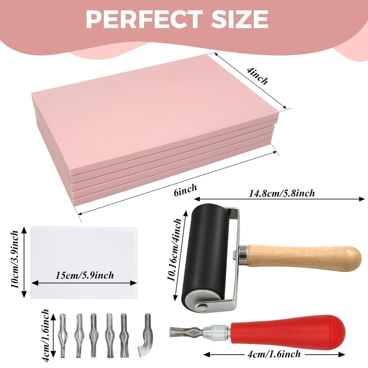 5 Pack 4x6 Pale Pink Rubber Stamp Carving Blocks Linoleum Block with Linoleum Cutter and Rubber Brayer Roller for Stamp Maker Printmaking Supplies Lyzskco