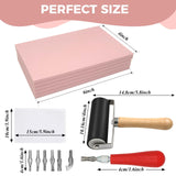 5 Pack 4x6 Pale Pink Rubber Stamp Carving Blocks Linoleum Block with Linoleum Cutter and Rubber Brayer Roller for Stamp Maker Printmaking Supplies Lyzskco