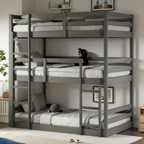 PVWIIK Triple Bunk Bed with Built-in Ladders & Guardrails for 3 Kids, Grey, Twin Size, Wooden, Easy Assembly PVWIIK
