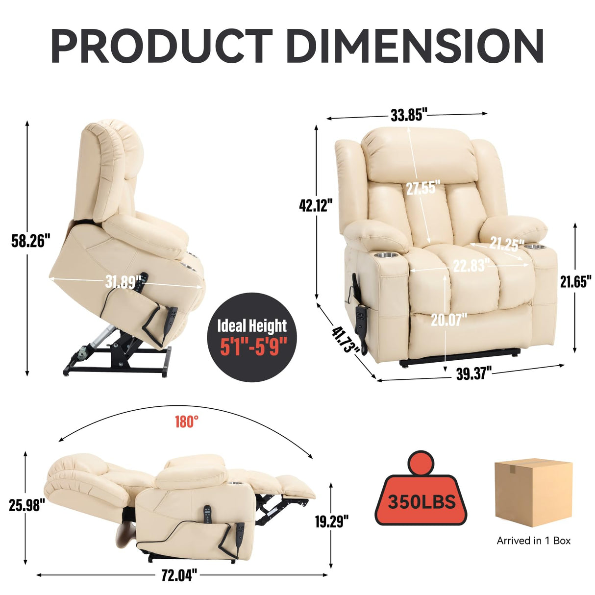 EZZUP Electric Lay Flat Recliner Chair with Vibration Massage Heat for Elderly People, Power Lift Chair with Dual Motor Cup Holders, Faux Leather Beige EZZUP