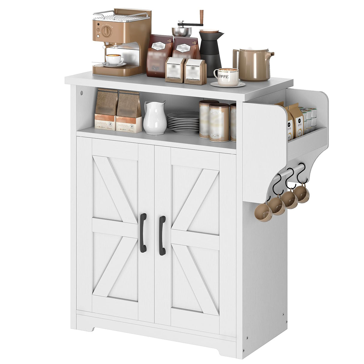YATINEY Coffee Bar Cabinet, Kitchen Island with Storage, Farmhouse Sideboard Buffet Cabinet with Dual-Purpose Floating Shelf and Hooks, for Kitchen, Restaurant, Living Room, White KF22WT YATINEY