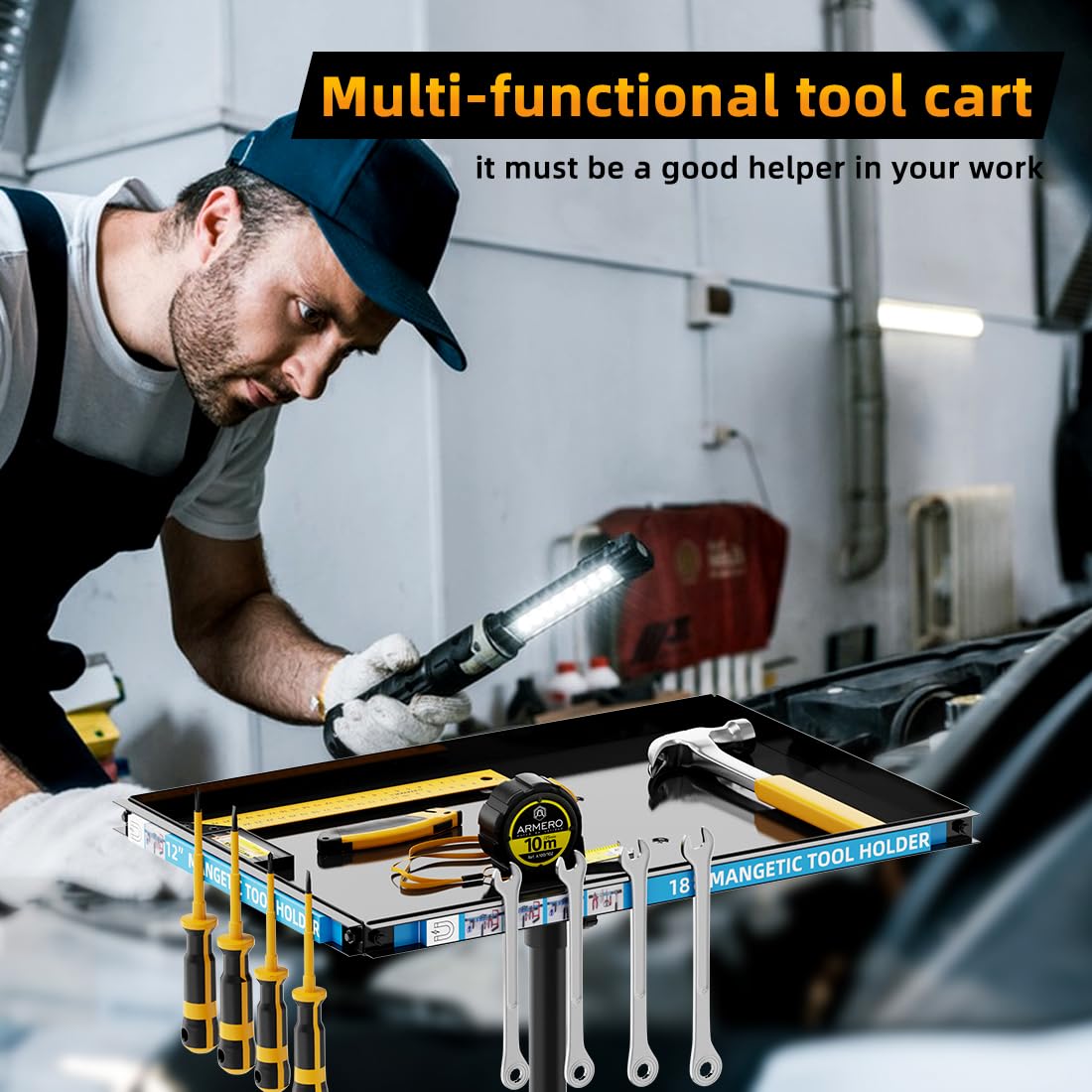 Rolling Tool Cart with Magnetic Strip, Mobile Work Table Rolling Tool Tray with Wheels Height Adjustable Tool Table Rolling Utility Cart Mechanic Cart Tool Storage Organizer for Garage, Bike Work Shop Gaoymsym