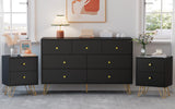 Tradare 7 Drawer Dresser and Nightstand Set of 2, Modern Black and Gold Dresser Set with Golden Handles, 2-Drawer Nightstand & 7-Drawer Chest of Drawers Tradare