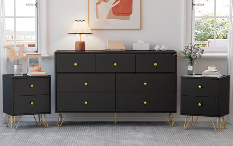 Tradare 7 Drawer Dresser and Nightstand Set of 2, Modern Black and Gold Dresser Set with Golden Handles, 2-Drawer Nightstand & 7-Drawer Chest of Drawers Tradare