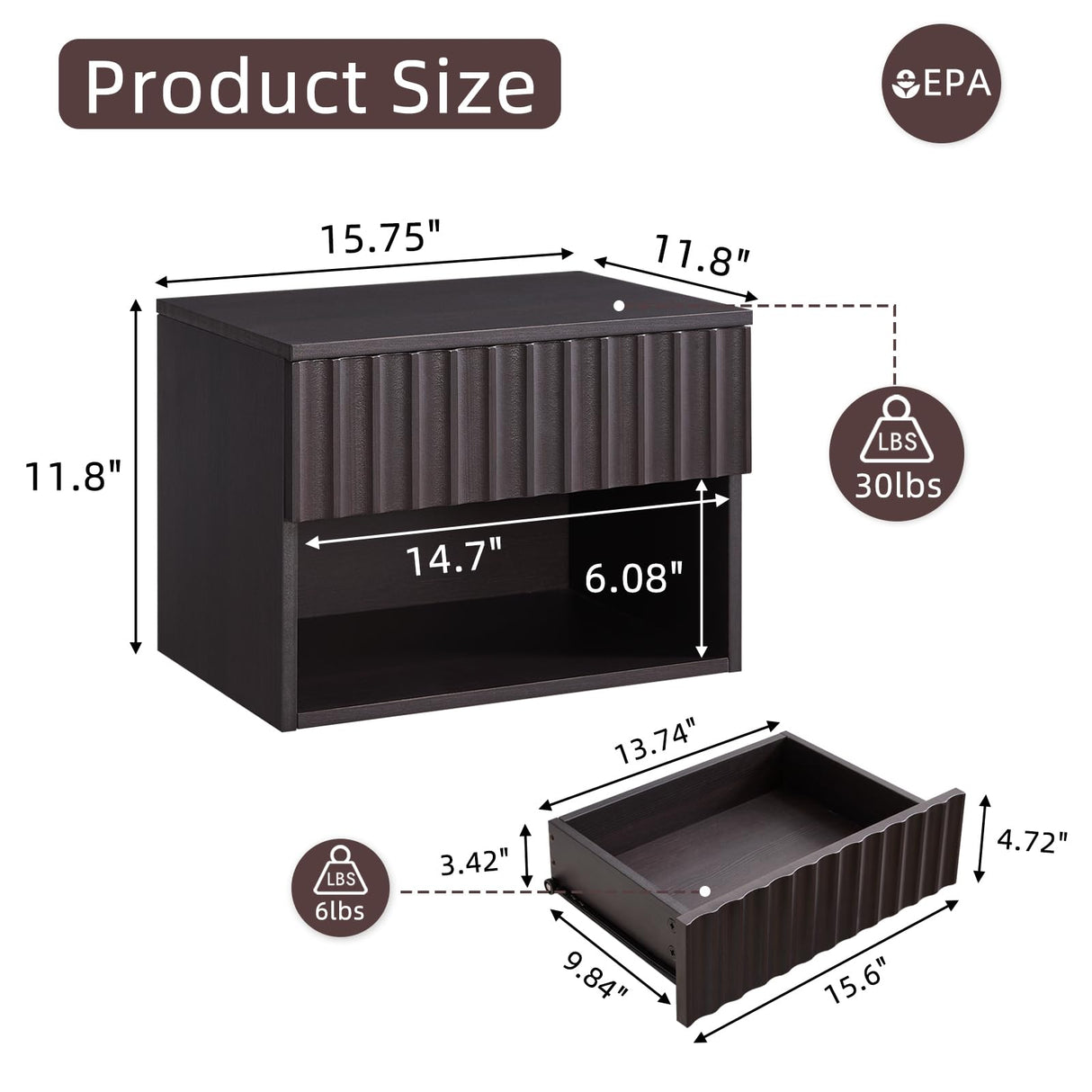 BuildHom Floating Nightstand with Fluted Drawer - Modern Wall Mounted Bedside Table with Open Storage Shelf, Small Night Stand TV Stand for Bedroom(Espresso) BuildHom