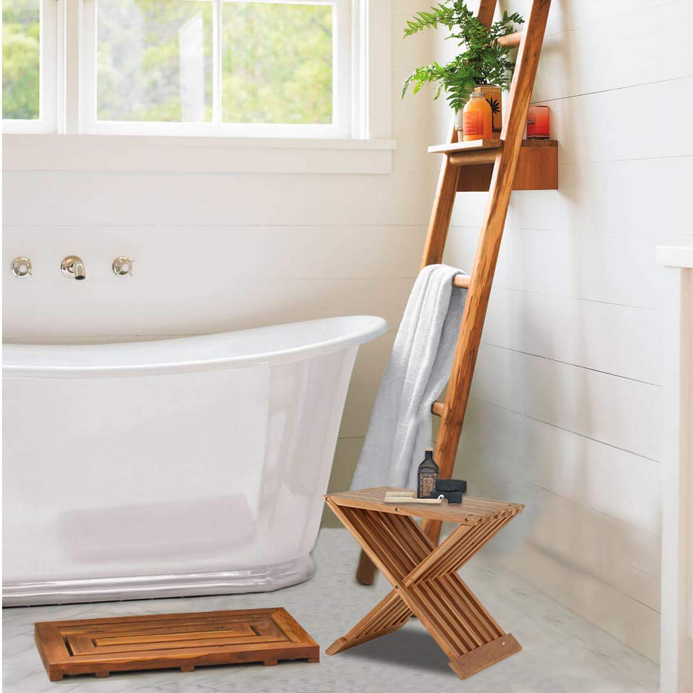 Rose Home Fashion Teak Wood Shower Stool 17" Folding Seat Fully Assembled Waterproof Bench in Bathroom Inside Corner Chair Rose Home Fashion