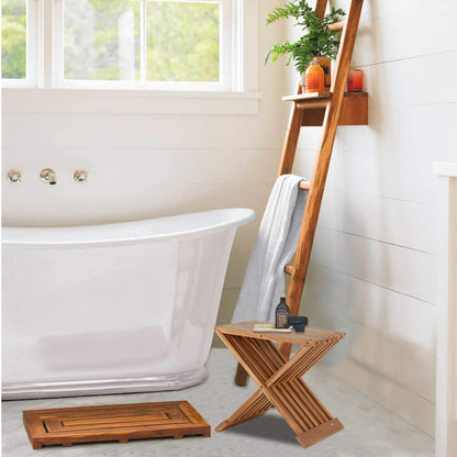 Rose Home Fashion Teak Wood Shower Stool 17" Folding Seat Fully Assembled Waterproof Bench in Bathroom Inside Corner Chair - WoodArtSupply