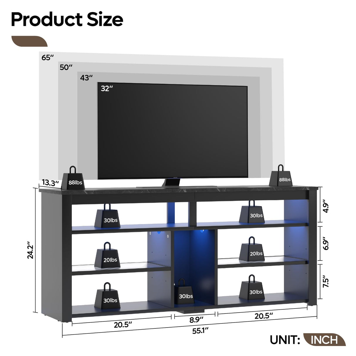 Bestier LED Tall Entertainment Center, 55 inch TV Stand for 55/60/65 inch TV, Gaming TV Cabinet with Storage for PS5 Xbox, Adjustable Shelf Media TV Console for Living Room Bedroom, Black Marble Bestier