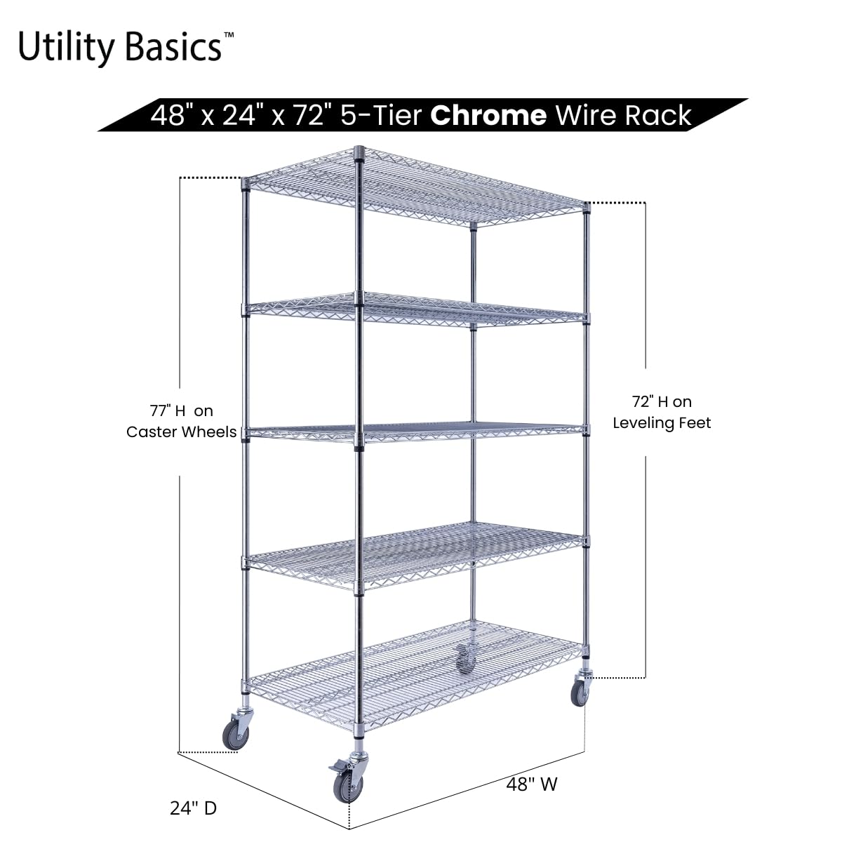Utility Basics 48"x24"x72" Chrome 5-Tier PREMIUM Wire Shelving NSF 4000 LBS MAX CAPACITY Heavy Duty Steel Storage Rack for Warehouses, Garages, Hospitals, Commercial Spaces, & Schools w/PREMIUM WHEELS Utility Basics