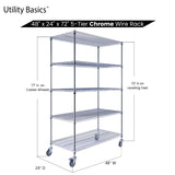Utility Basics 48"x24"x72" Chrome 5-Tier PREMIUM Wire Shelving NSF 4000 LBS MAX CAPACITY Heavy Duty Steel Storage Rack for Warehouses, Garages, Hospitals, Commercial Spaces, & Schools w/PREMIUM WHEELS Utility Basics