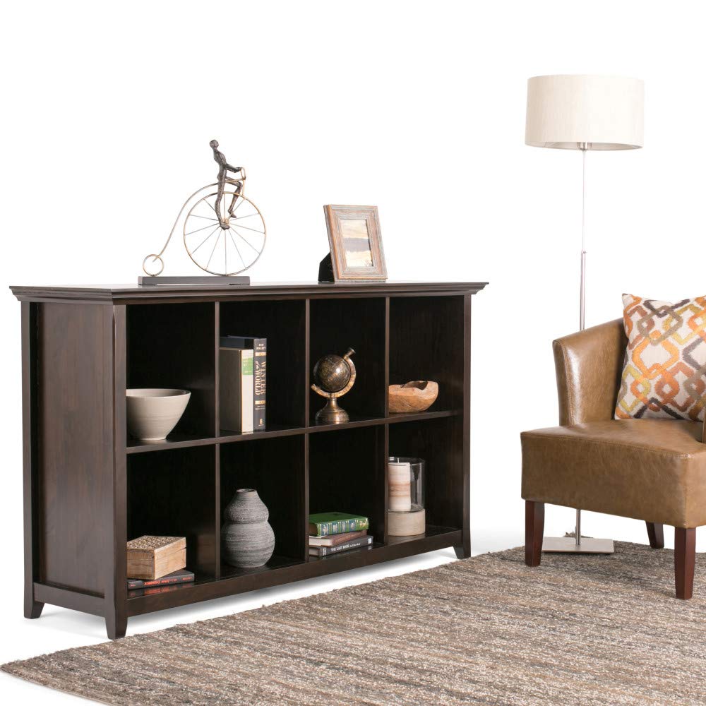 SIMPLIHOME Amherst SOLID WOOD 57 inch Wide Transitional 8 Cube Bookcase Storage Sofa Table in Hickory Brown with Storage, 8 Shelves, for the Living Room, Entryway and Bedroom - WoodArtSupply