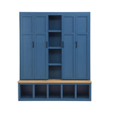 Merax Modern Farmhouse Hall Tree with Bench, 4-in-1 Entryway Storage Cabinet & Shoe Organizer with Hooks, Blue Merax