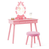 Costzon Kids Vanity, Girls Vanity Set with Mirror and Stool and Lights, Drawer, 2 in 1 Wooden Toddler Makeup Vanity Desk Dressing Table, Pretend Play Kids Vanity Table and Chair Set (Pink) Costzon