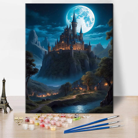 TUMOVO Castle Paint by Numbers Kit for Adults, Moonlight Adult Paint by Number Kits on Canvas, DIY Acrylic Oil Painting for Gift Home Wall Decor Fantasy Night Scene 16"x20"(Frameless) TUMOVO