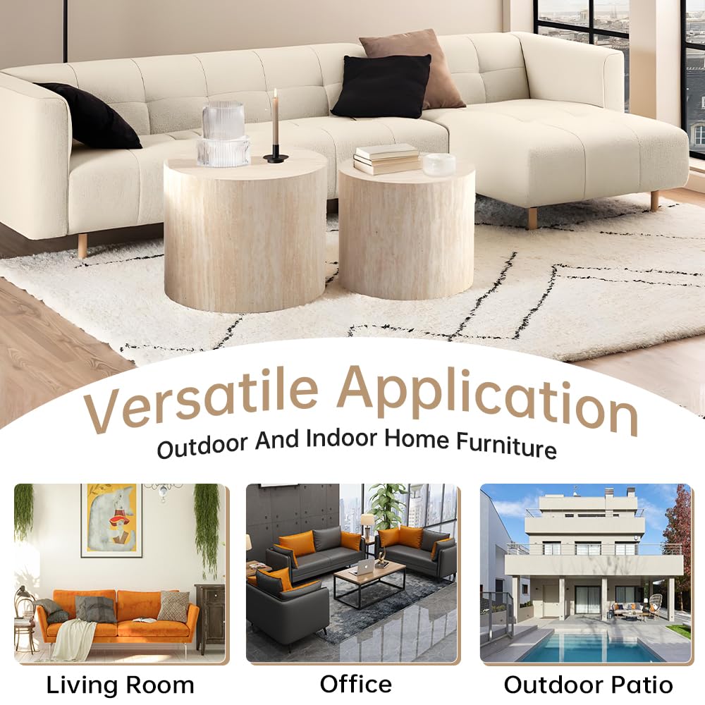 Round Nesting Coffee Table Set of 2 Modern Small Round Coffee Table Travertine Side Table Small Round End Table Circular Coffee Table Circle Nested Coffee Table for Living Room (Travertine) YYZIWYUN