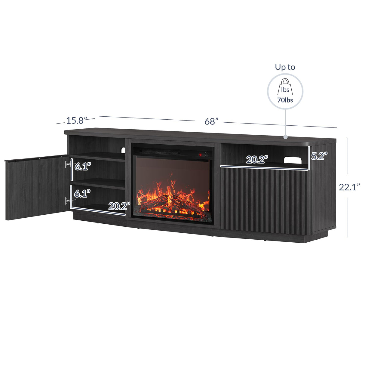 BELLEZE Fluted TV Stand with 23" Electric Fireplace Heater with Sound, 68" Entertainment Center for TV Up to 75", Media Console Table with Cable Management for Living Room, Bedroom - Ebony BELLEZE