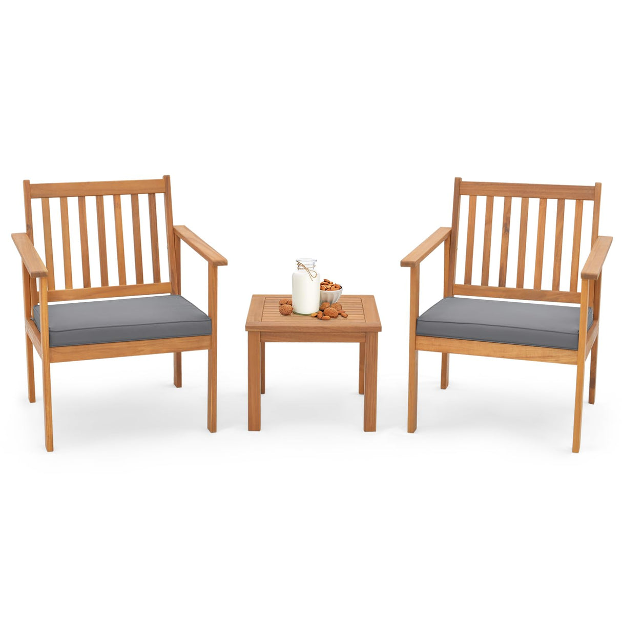 Tangkula 3 Pieces Patio Wood Furniture Set, Acacia Wood Chairs and Coffee Table Set with Soft Cushions, Slatted Design, Outdoor Furniture Set for Porch, Yard, Balcony (Grey) Tangkula