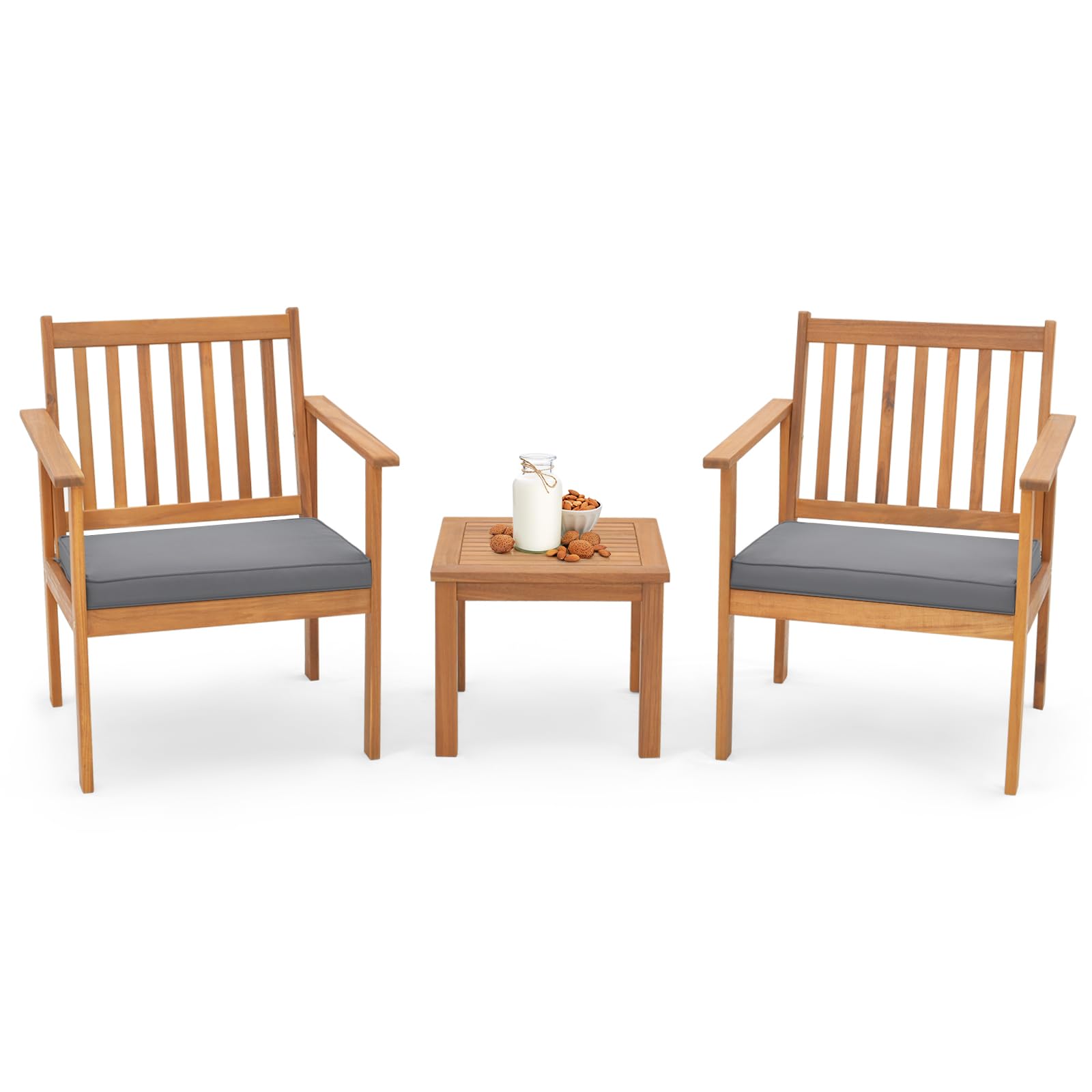 Tangkula 3 Pieces Patio Wood Furniture Set, Acacia Wood Chairs and Coffee Table Set with Soft Cushions, Slatted Design, Outdoor Furniture Set for Porch, Yard, Balcony (Grey) - WoodArtSupply