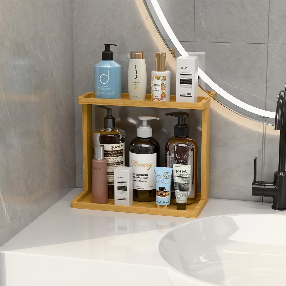 Bamboo Bathroom Organizer Countertop – Small Vanity Storage Shelf for Makeup, Perfume, Skincare – Natural Cosmetics Display Rack for Dresser, Sink, Kitchen – 10.24"x8.46"x5.12" PEKER