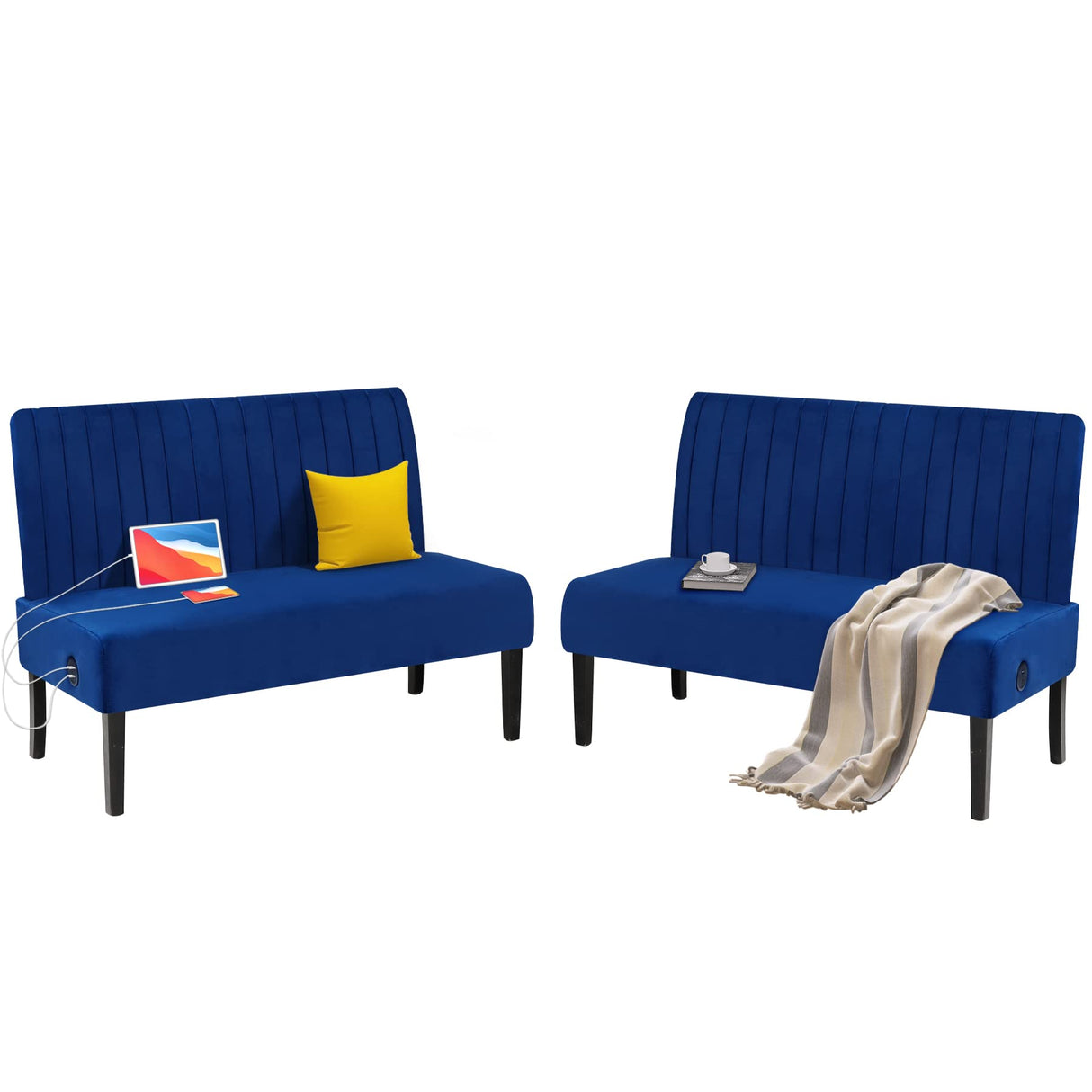 STHOUYN Mini Comfy Couch Armless Loveseat Sofa with USB Port, Velvet Couches for Small Spaces Living Room, Apartment Office Dorm (Navy Blue) STHOUYN