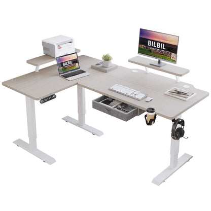 bilbil L Shaped Electric Standing Desk with Drawer, 62x47 Inches Adjustable Height Sit Stand Up Desk with Storage Shelf, Pale Pearwood Top/White Frame - WoodArtSupply