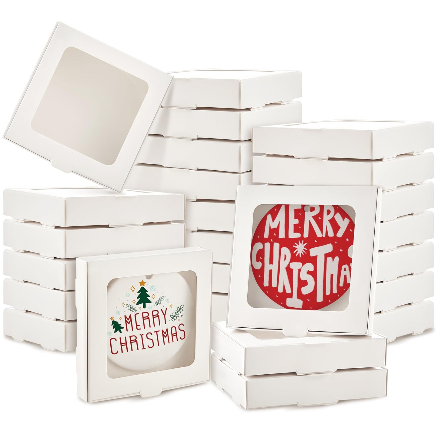 Dunzoom 25 Pcs Sublimation Ornament Blanks Gift Box 3.6"x3.6"x0.7" Christmas Ornaments Holder Ceramic Discs Ornaments Packaging Box with Window for Personalized Xmas Tree Ornament Blanks Bulk (White)