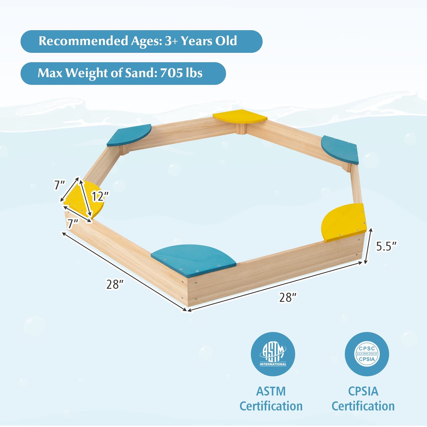 Costzon Kids Sandbox, Hexagon Large Cedar Wood Sand Pit w/ 6 Built-in Corner Seating, Wooden Sand Box for Backyard Lawn Garden Beach, Outdoor Play Furniture for Children Ages 3+ (Natural)